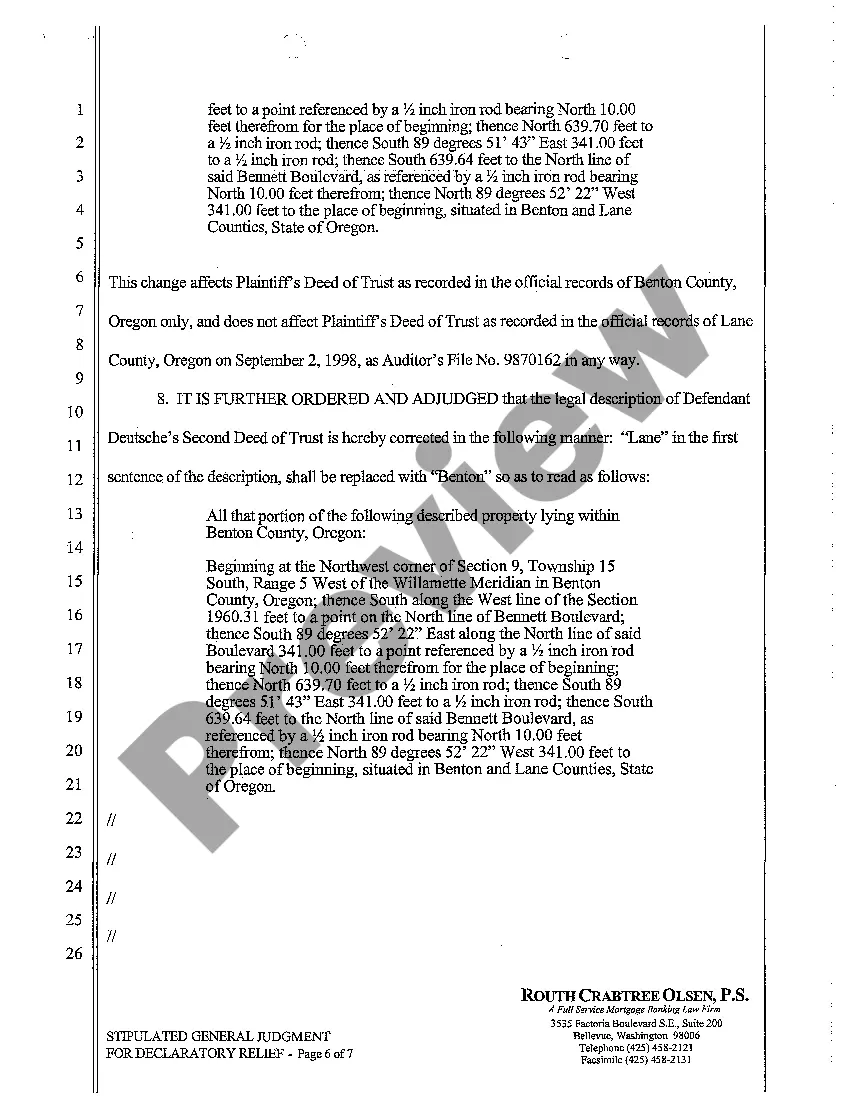 Preview A26 Stipulated General Judgment for Declaratory Relief to Reform Legal Description and Establish Lien Positions