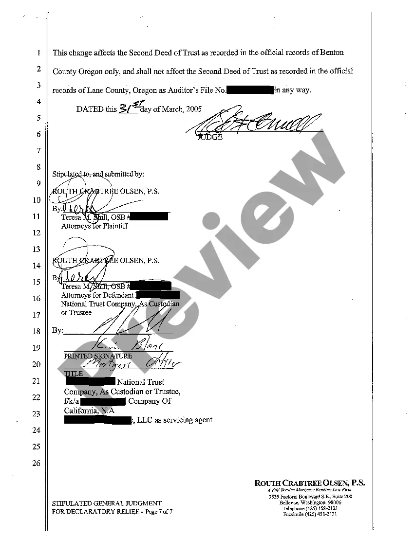 Preview A26 Stipulated General Judgment for Declaratory Relief to Reform Legal Description and Establish Lien Positions