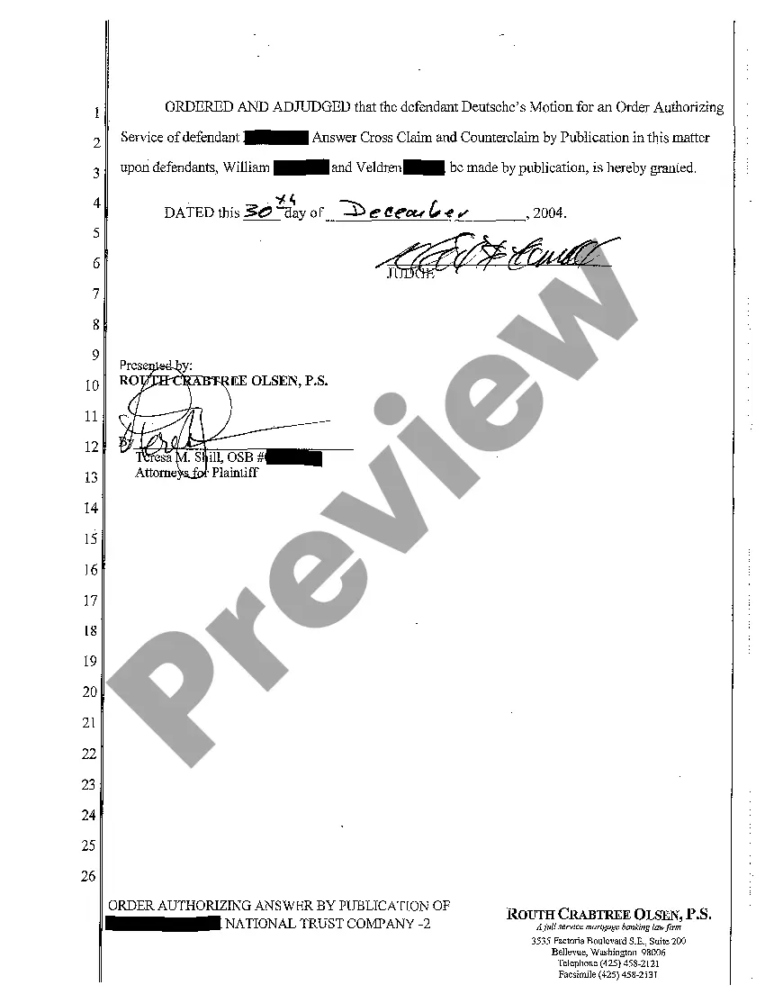 Preview A13 Order Authorizing Service of Defendant's Answer Cross Claim and Counterclaim by Publication