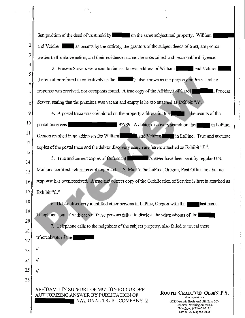 Preview A12 Affidavit in Support of Motion for Order Authorizing Service of Defendant's Answer Crossclaim and Counterclaim by Publication