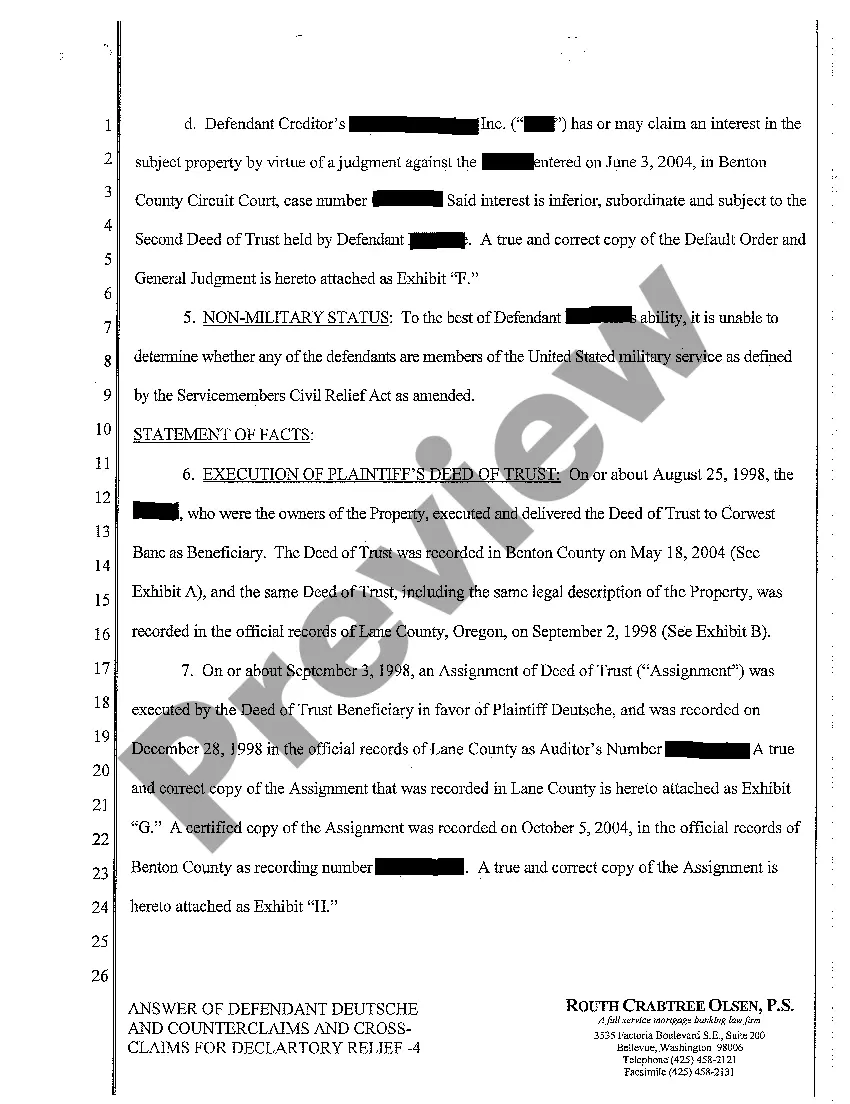 Preview A04 Answer and Counterclaim and Cross Claim for Declaratory Judgment