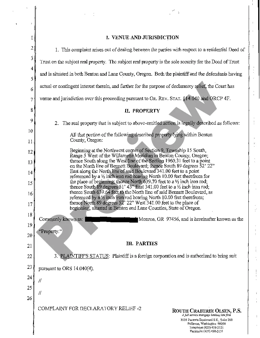 Preview A01 Complaint for Declaratory Judgment to Reform Legal Description and to Establish First Lien Position