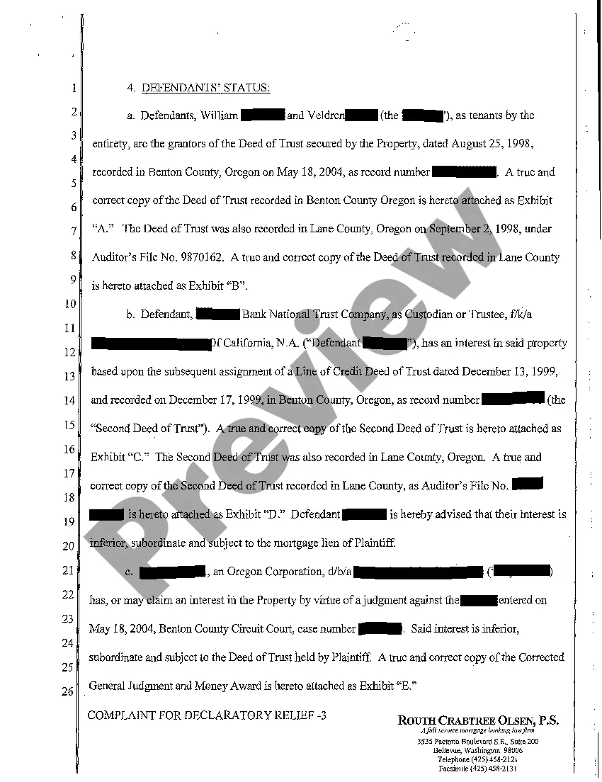 Preview A01 Complaint for Declaratory Judgment to Reform Legal Description and to Establish First Lien Position