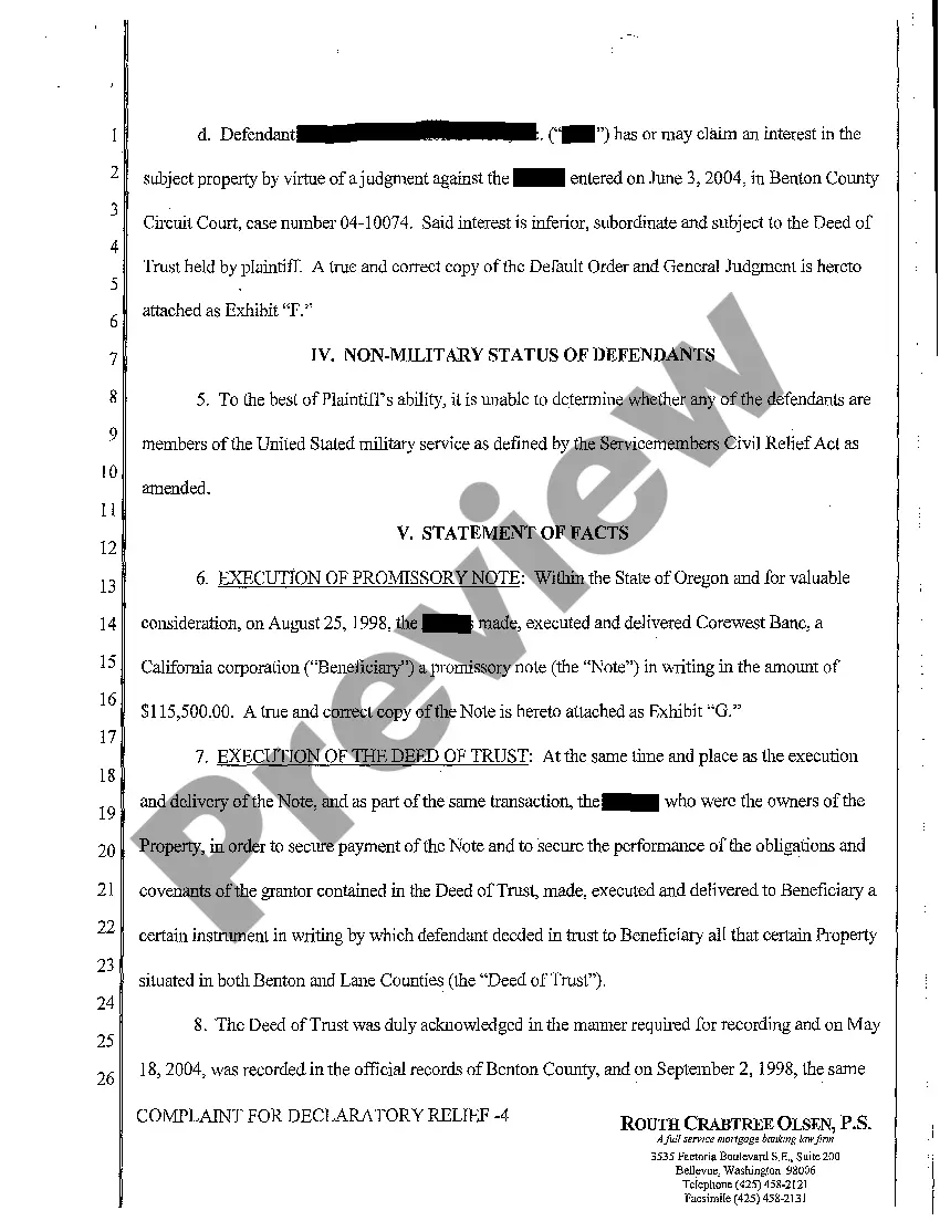 Preview A01 Complaint for Declaratory Judgment to Reform Legal Description and to Establish First Lien Position