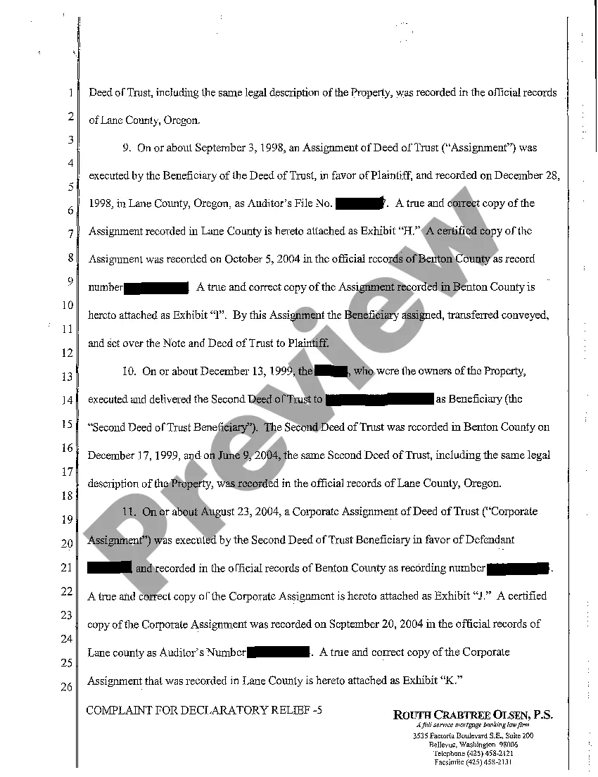 Preview A01 Complaint for Declaratory Judgment to Reform Legal Description and to Establish First Lien Position