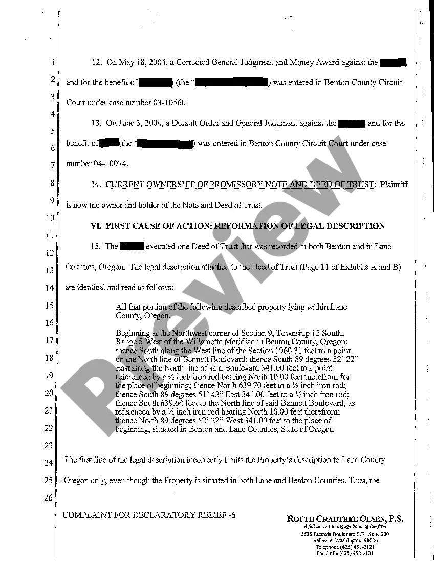 Preview A01 Complaint for Declaratory Judgment to Reform Legal Description and to Establish First Lien Position