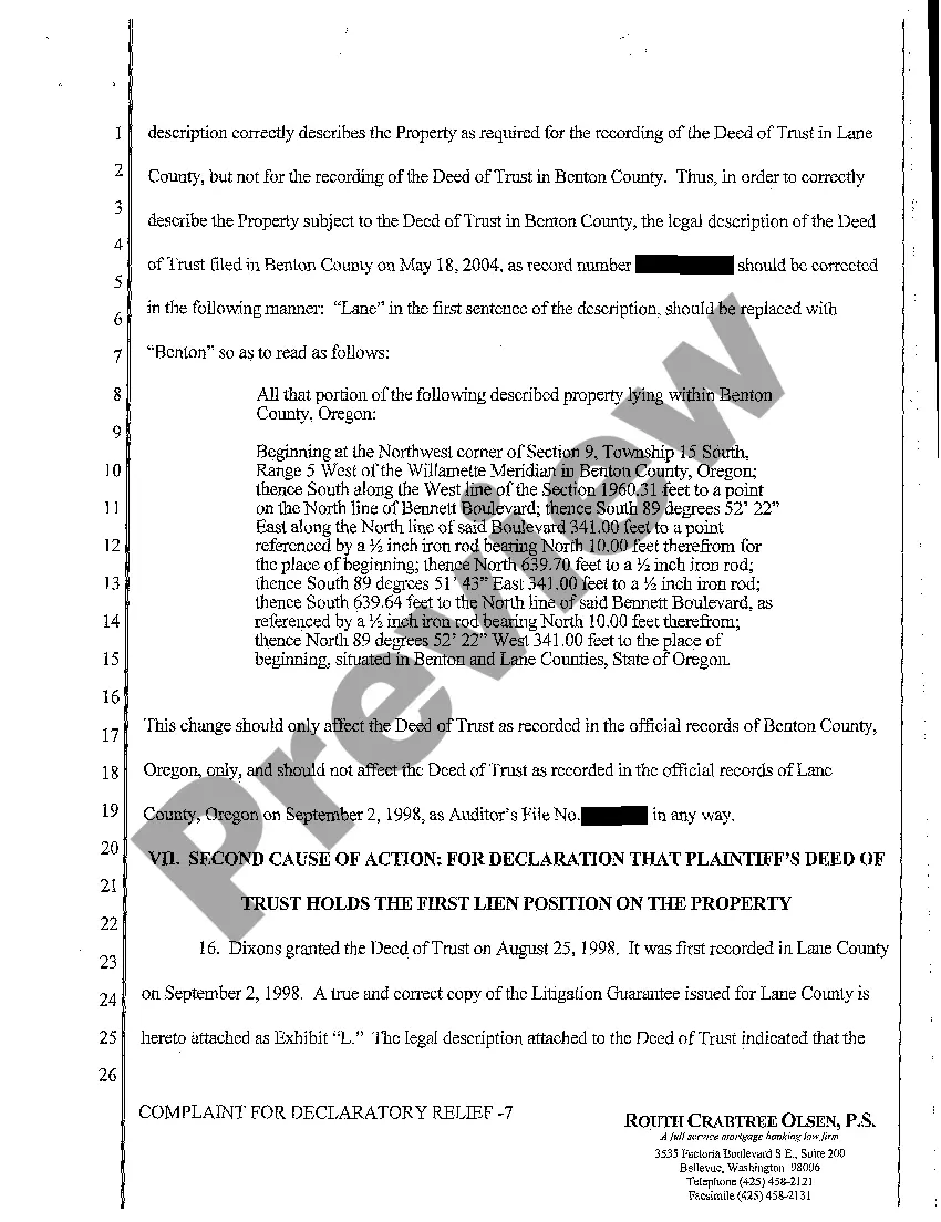 Preview A01 Complaint for Declaratory Judgment to Reform Legal Description and to Establish First Lien Position