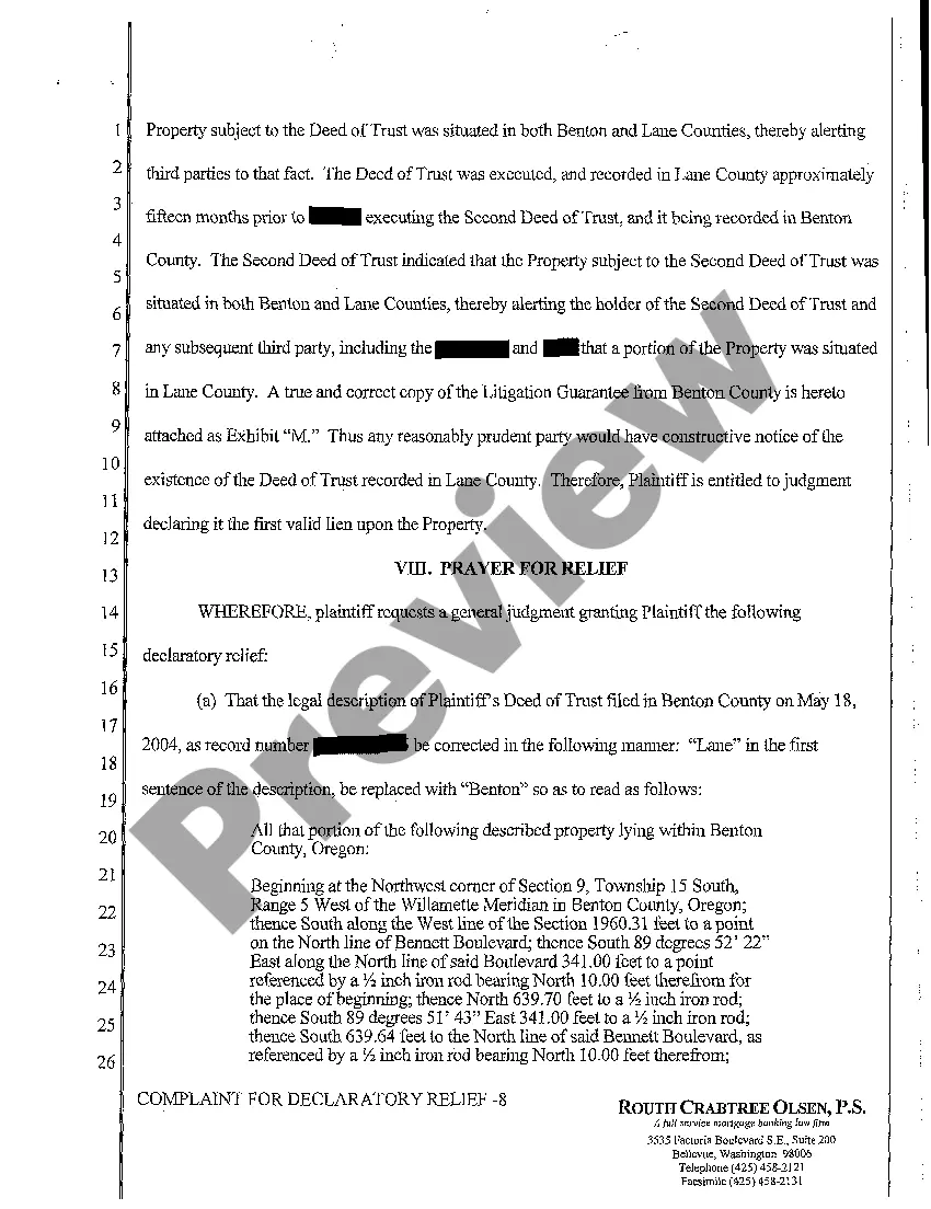 Preview A01 Complaint for Declaratory Judgment to Reform Legal Description and to Establish First Lien Position