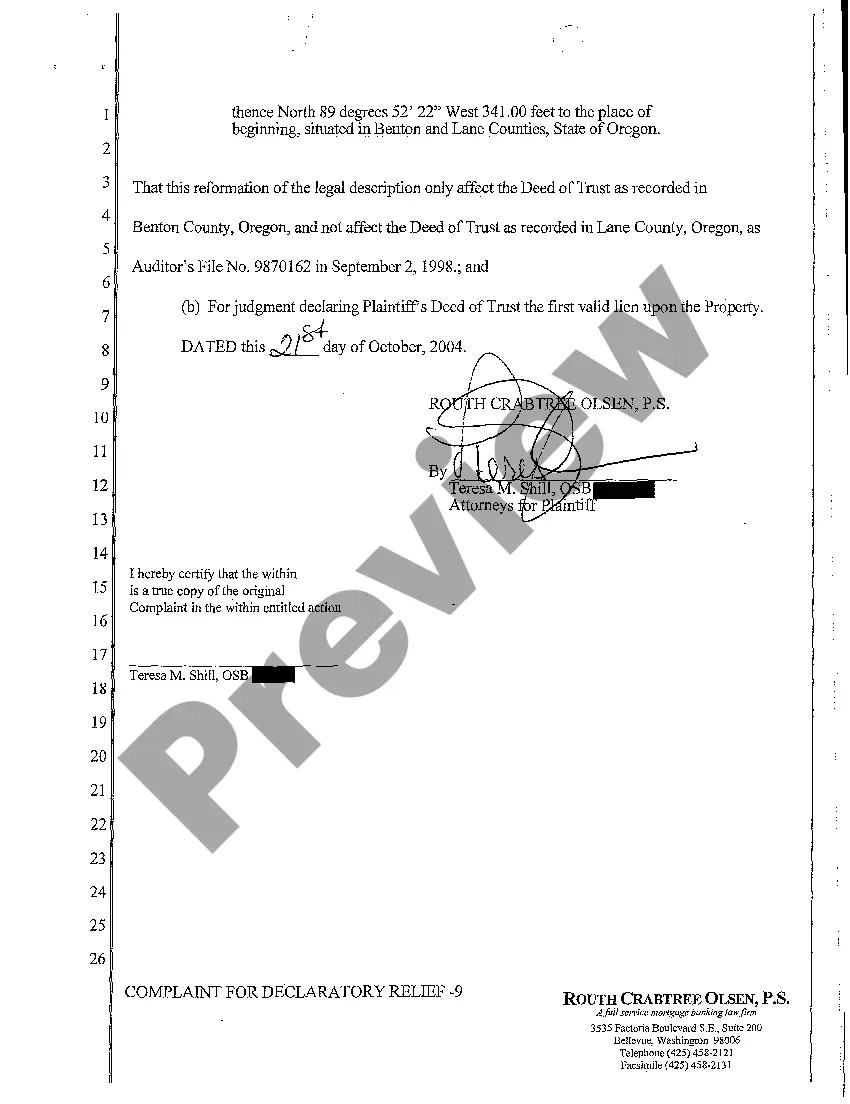 Preview A01 Complaint for Declaratory Judgment to Reform Legal Description and to Establish First Lien Position
