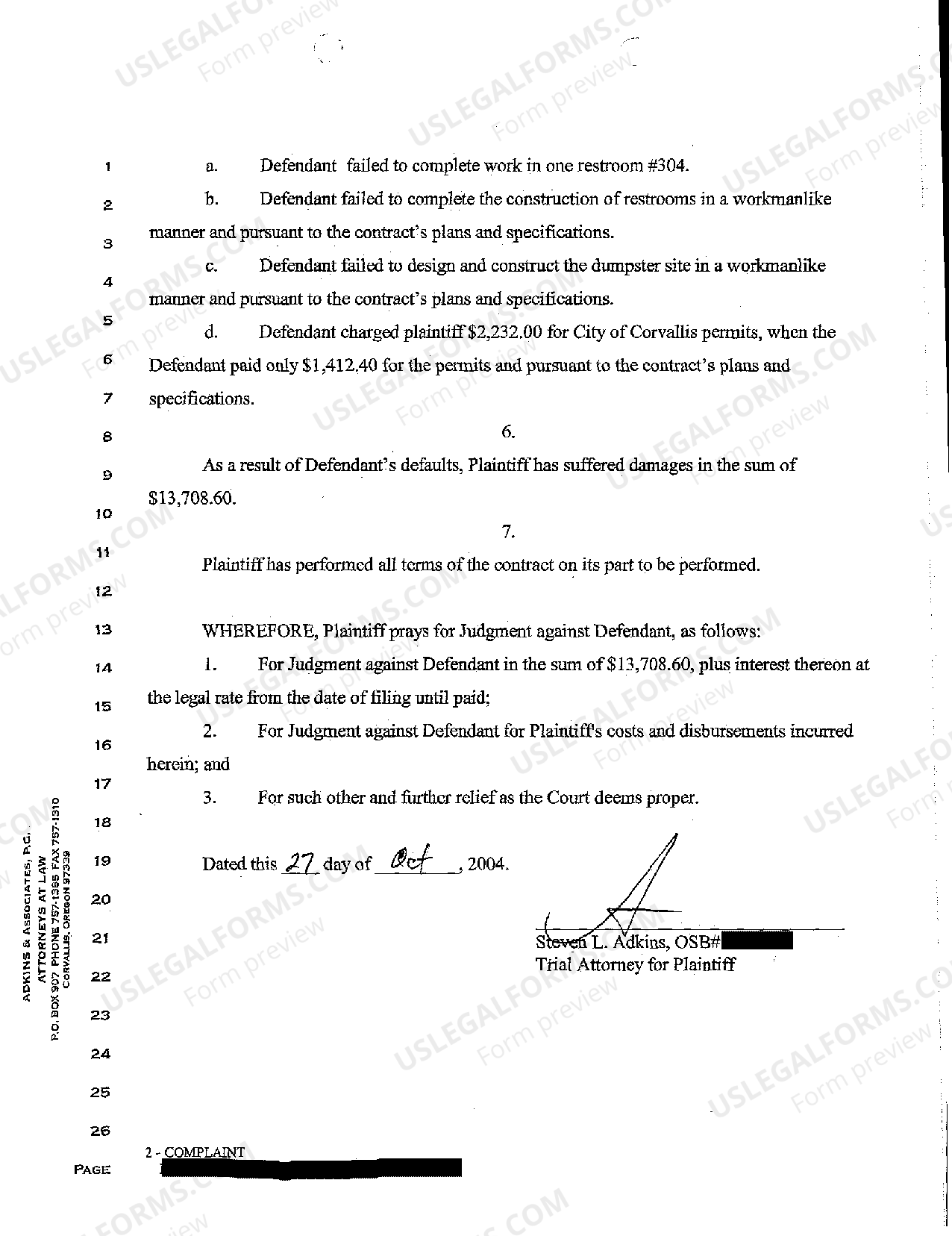 Oregon Complaint for Breach of Construction Contract US Legal Forms