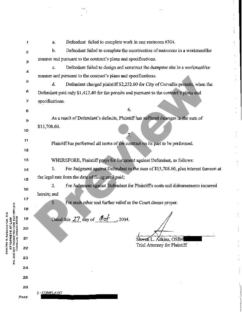 Preview A01 Complaint for Breach of Construction Contract