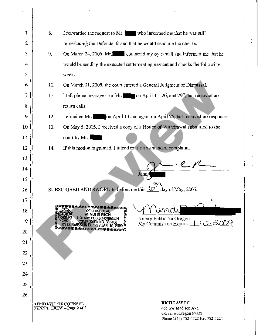 Preview A07 Affidavit of Defendant's Counsel for Judgment of Dismissal