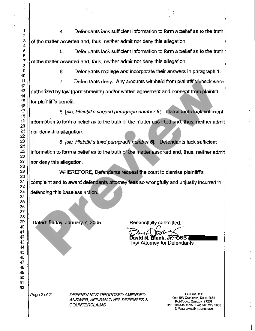 Preview A04 Defendants' Proposed Amended Answer, Affirmative Defenses and Counterclaims