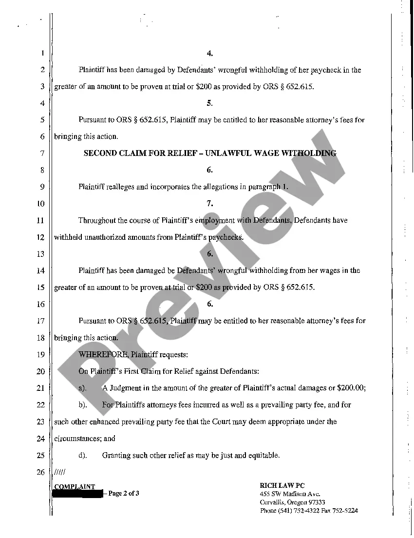 Get A01 Complaint for Unlawful Wage Withholding Preview A01 Complaint for Unlawful Wage Withholding