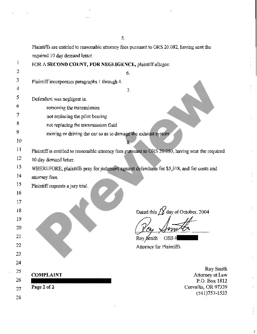 Preview Complaint for Breach of Contract and Negligence in Installing Faulty Clutch Ruining Transmission of Motor Vehicle