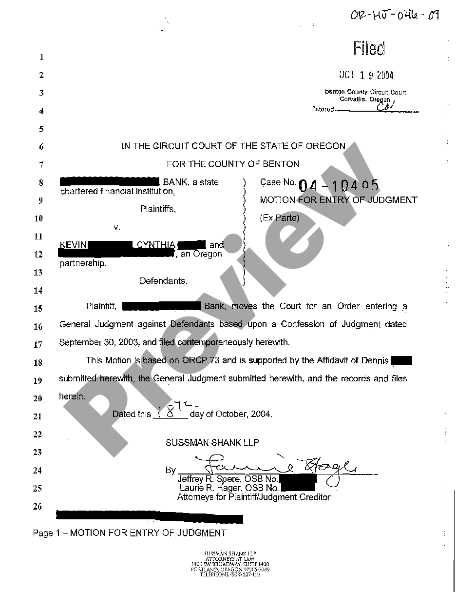 Oregon motion for entry of judgment us legal forms