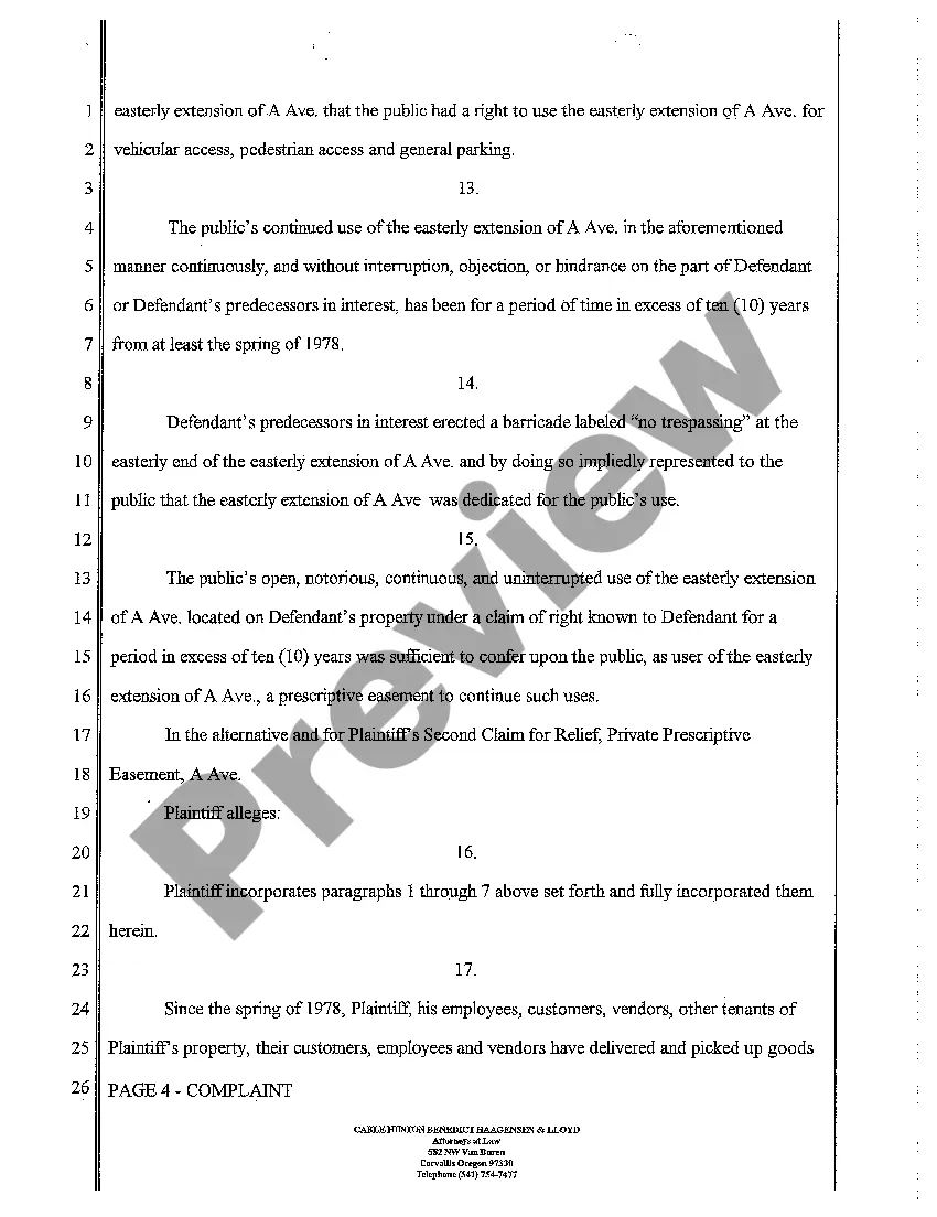 Get A01 Complaint for Public Prescriptive Easement and or Private Prescriptive Easement Preview A01 Complaint for Public Prescriptive Easement and or Private Prescriptive Easement