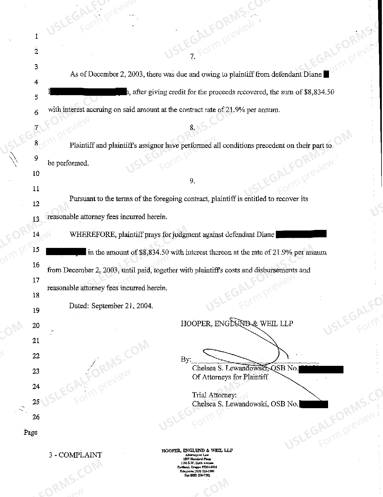 Portland Oregon Complaint for Breach of Contract and Sale of Vehicle