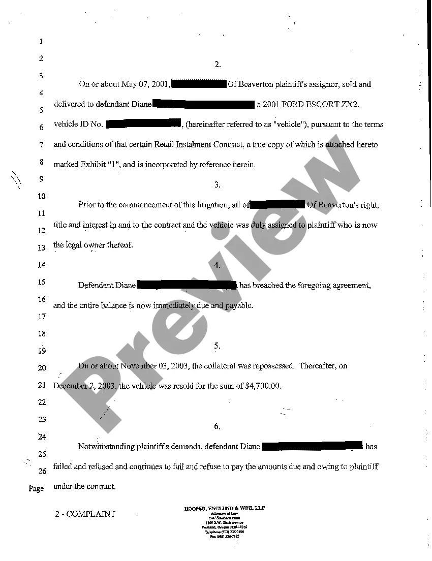 Preview A01 Complaint for Breach of Contract and Sale of Vehicle - More than $10,000