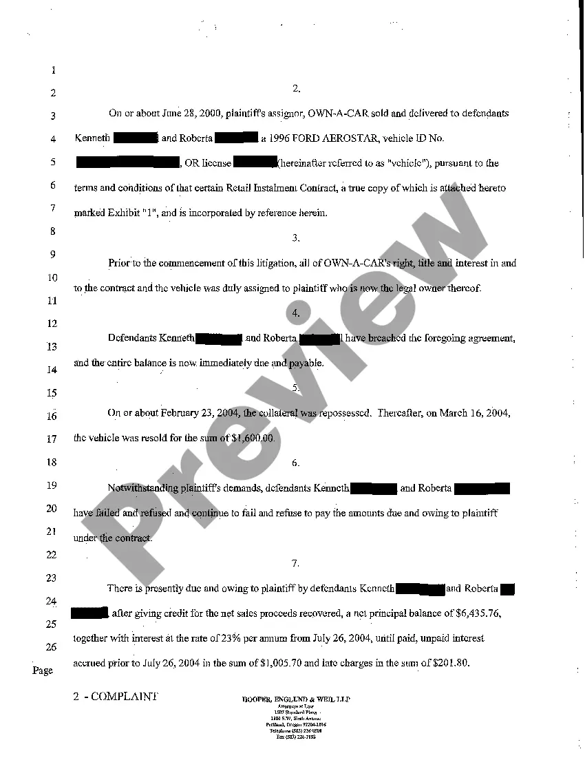 Preview A01 Complaint for Breach of Contract and Sale of Vehicle - Less Than $10,000
