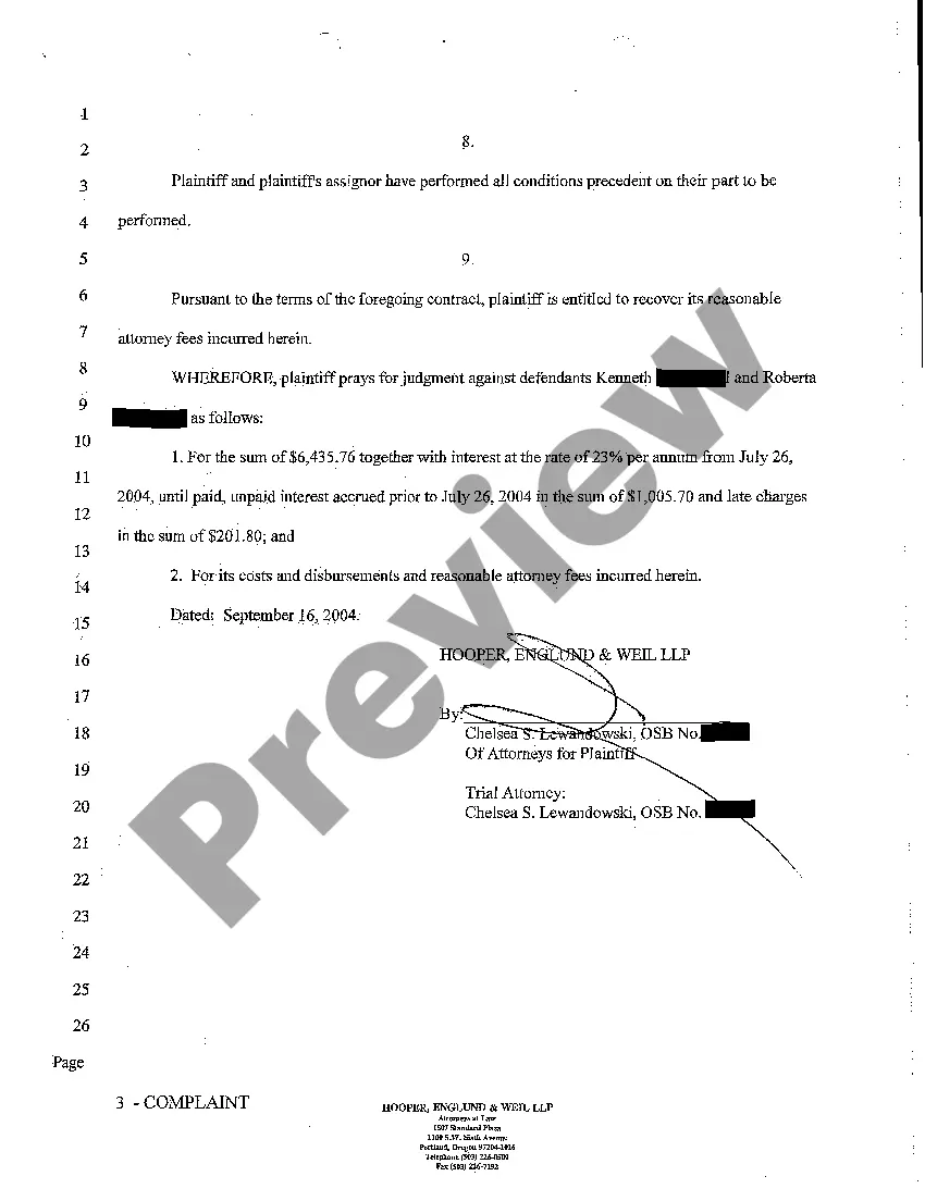 Preview A01 Complaint for Breach of Contract and Sale of Vehicle - Less Than $10,000