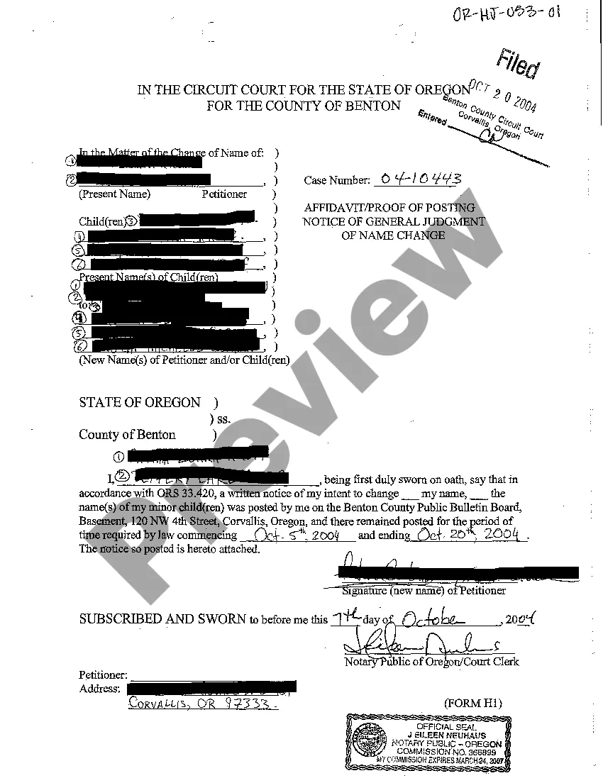 Preview A11 Affidavit Proof of Posting Notice of General Judgment of Name Change