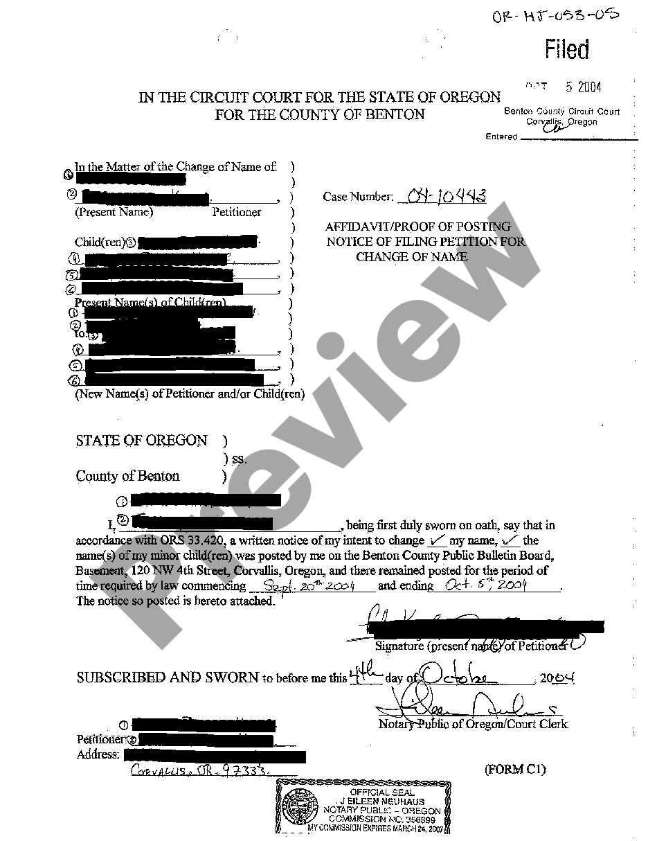 Oregon Affidavit Proof of Posting Notice of Filing Petition for Change ...