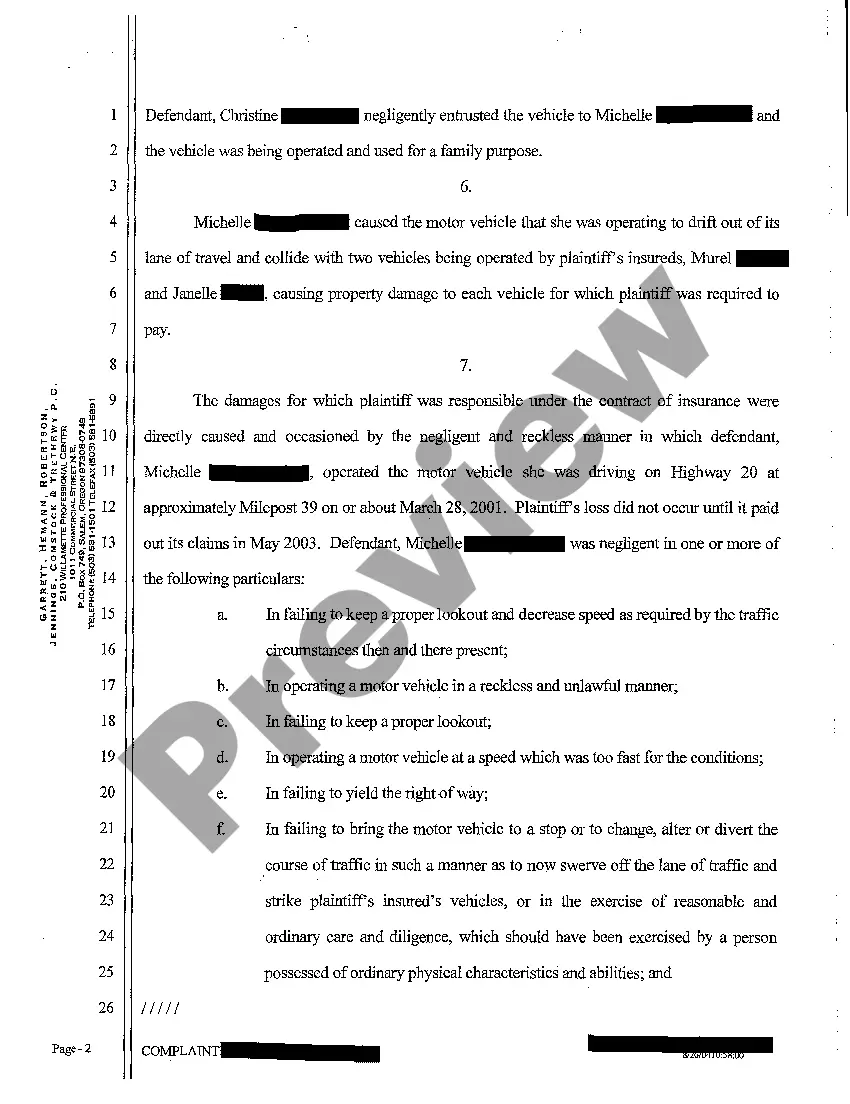 Get Complaint for Insurance Subrogation When Defendant's Wrecked Motor Vehicle Preview Complaint for Insurance Subrogation When Defendant's Wrecked Motor Vehicle