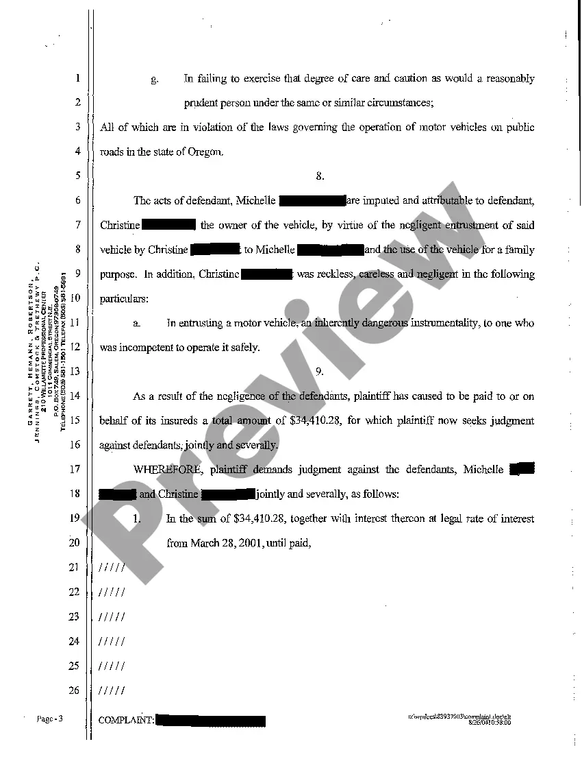 Get Complaint for Insurance Subrogation When Defendant's Wrecked Motor Vehicle Preview Complaint for Insurance Subrogation When Defendant's Wrecked Motor Vehicle