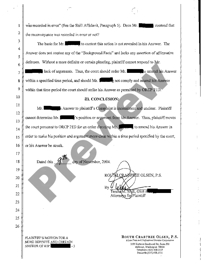 Preview A03 Plaintiff's Motion for a More Definite and Certain Answer