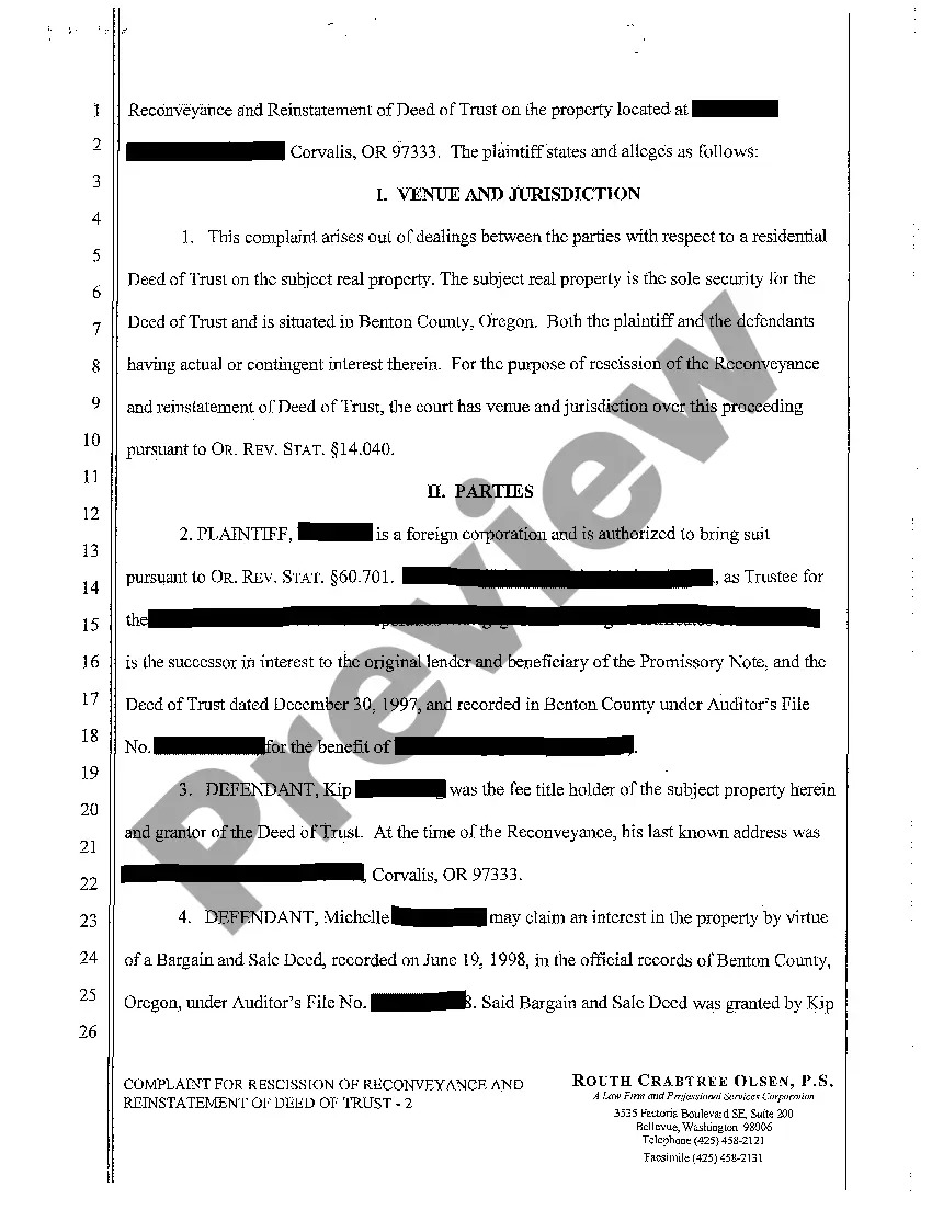 Preview A01 Complaint for Rescission of Reconveyance and Reinstatement of Deed of Trust Declaratory Relief