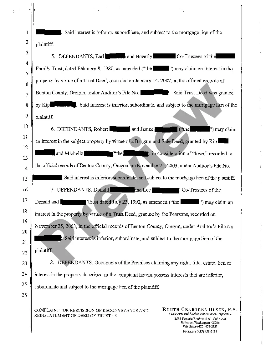 Preview A01 Complaint for Rescission of Reconveyance and Reinstatement of Deed of Trust Declaratory Relief