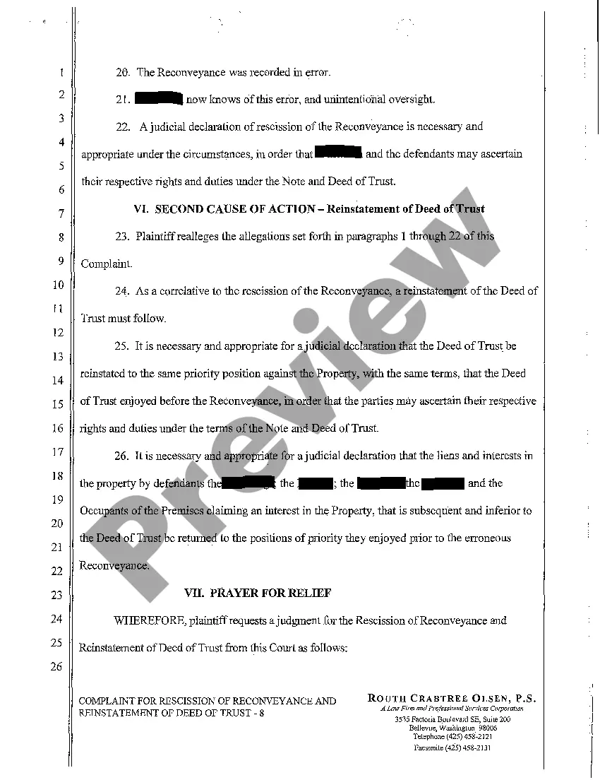 Preview A01 Complaint for Rescission of Reconveyance and Reinstatement of Deed of Trust Declaratory Relief