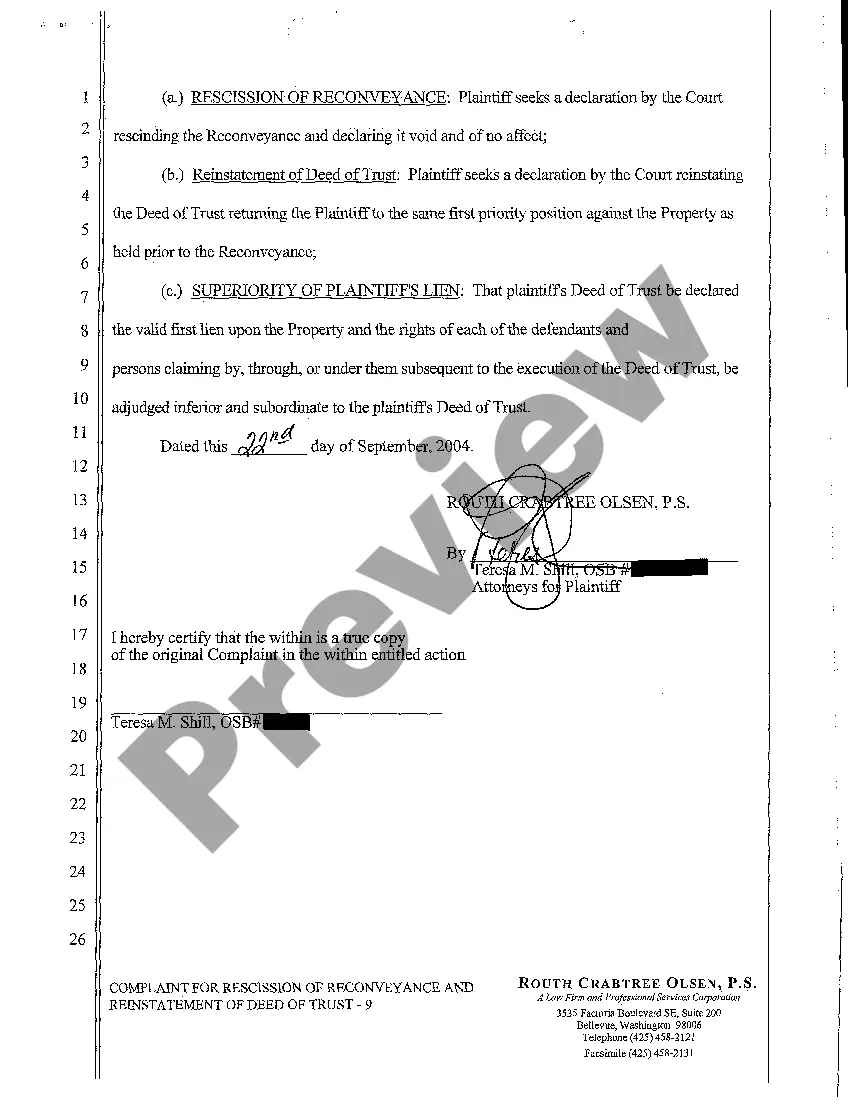 Preview A01 Complaint for Rescission of Reconveyance and Reinstatement of Deed of Trust Declaratory Relief