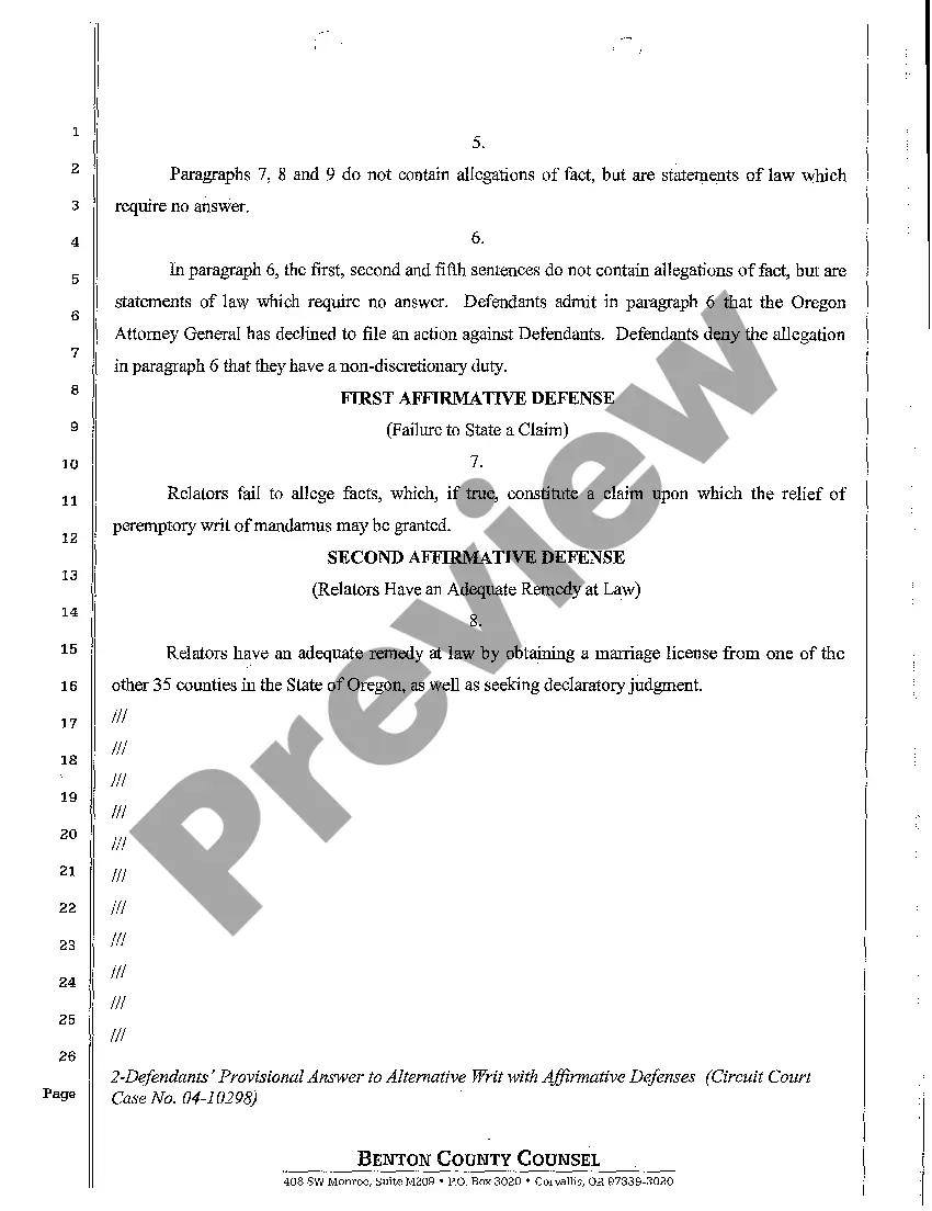 Preview A33 Defendants' Provisional Answer to Alternative Writ with Affirmative Defenses
