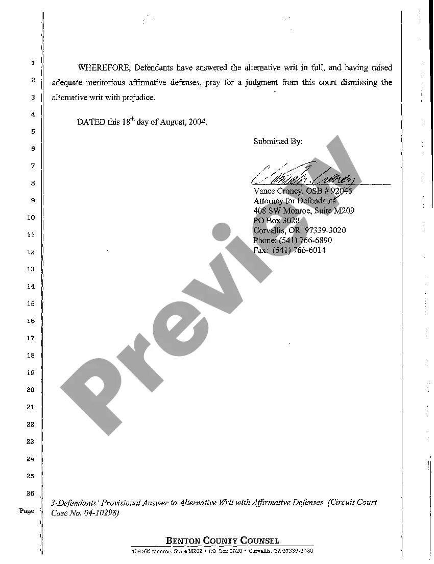 Preview A33 Defendants' Provisional Answer to Alternative Writ with Affirmative Defenses