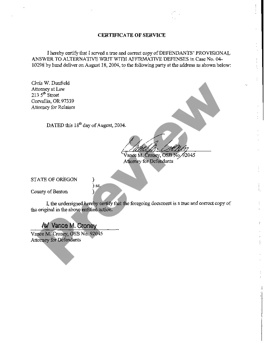 Preview A33 Defendants' Provisional Answer to Alternative Writ with Affirmative Defenses