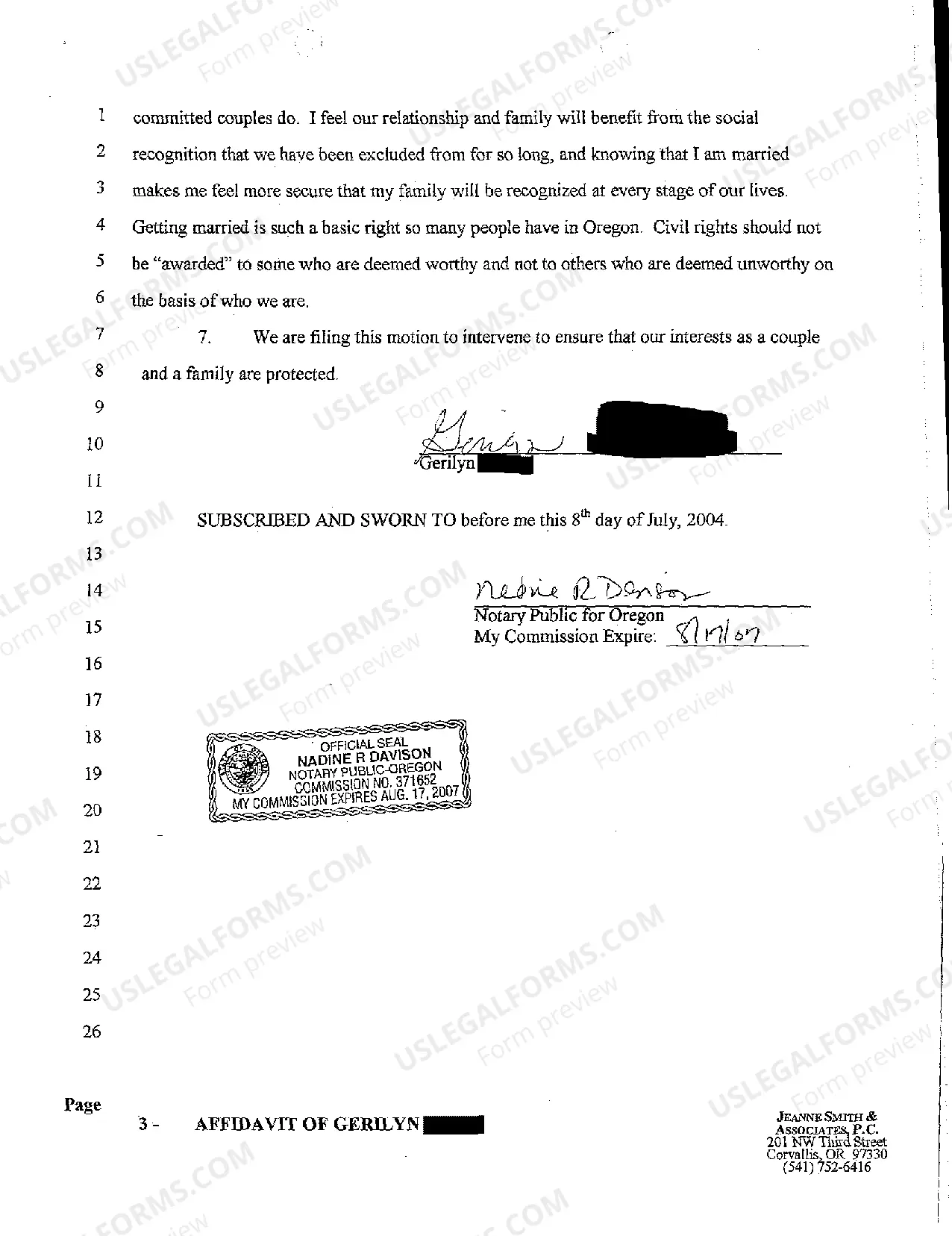Preview A13 Affidavit of Homosexual Female in Support of Oregon Issuing Marriage Licenses
