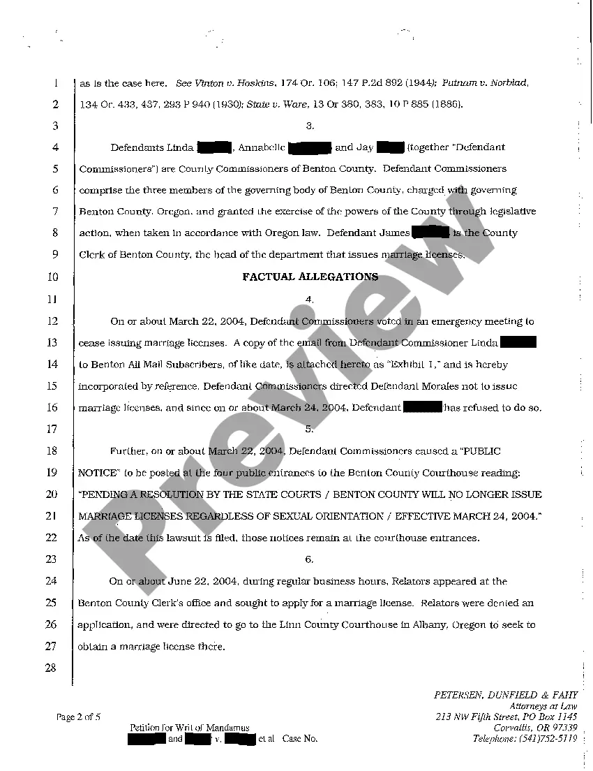 Preview A01 Petition for Writ of Mandamus Requesting Issuance of Marriage Licenses