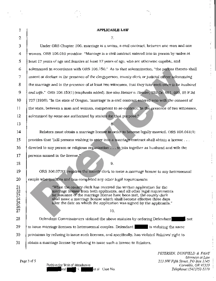Preview A01 Petition for Writ of Mandamus Requesting Issuance of Marriage Licenses