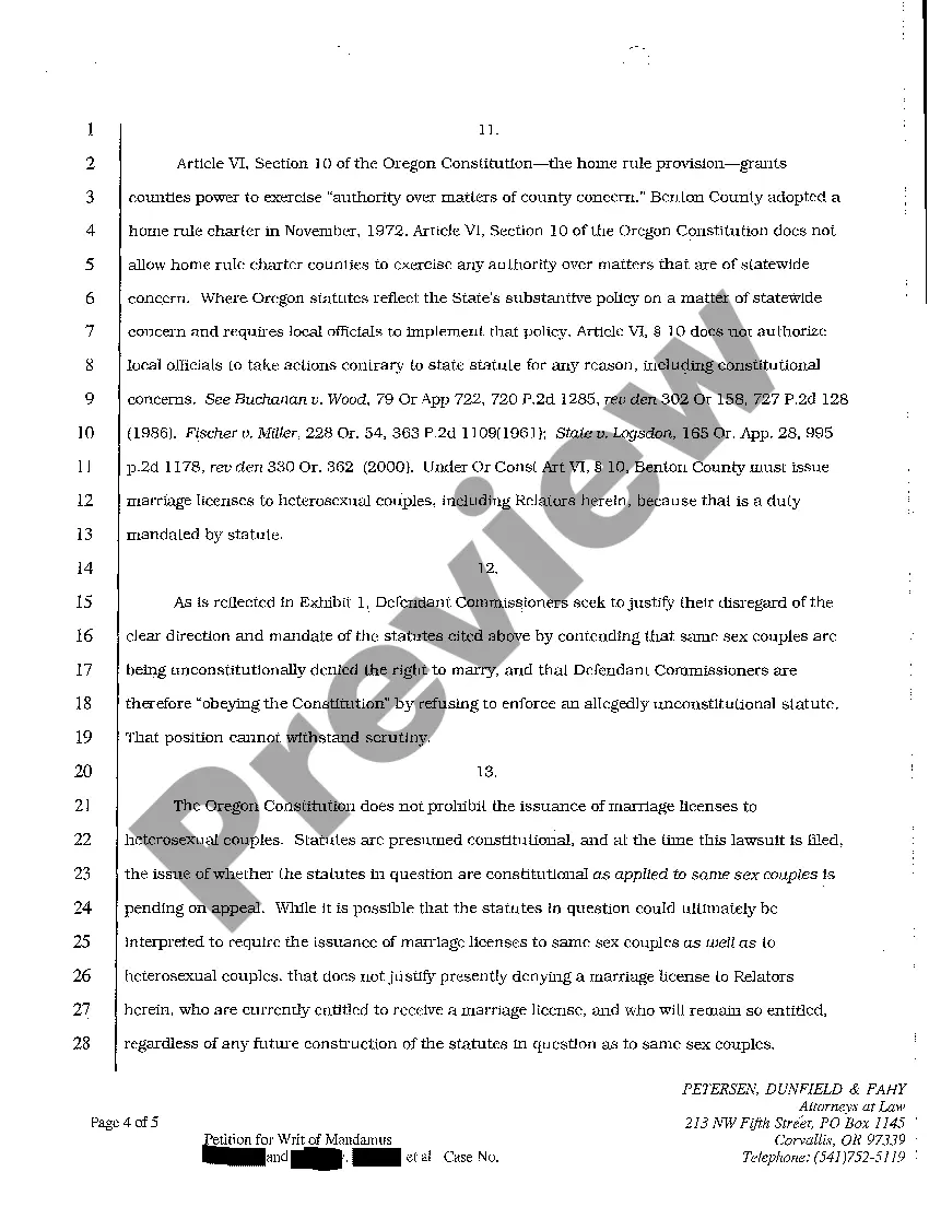 Preview A01 Petition for Writ of Mandamus Requesting Issuance of Marriage Licenses