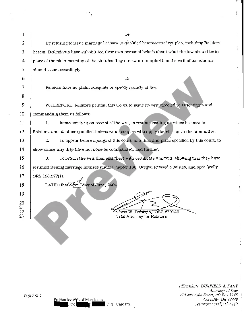 Preview A01 Petition for Writ of Mandamus Requesting Issuance of Marriage Licenses