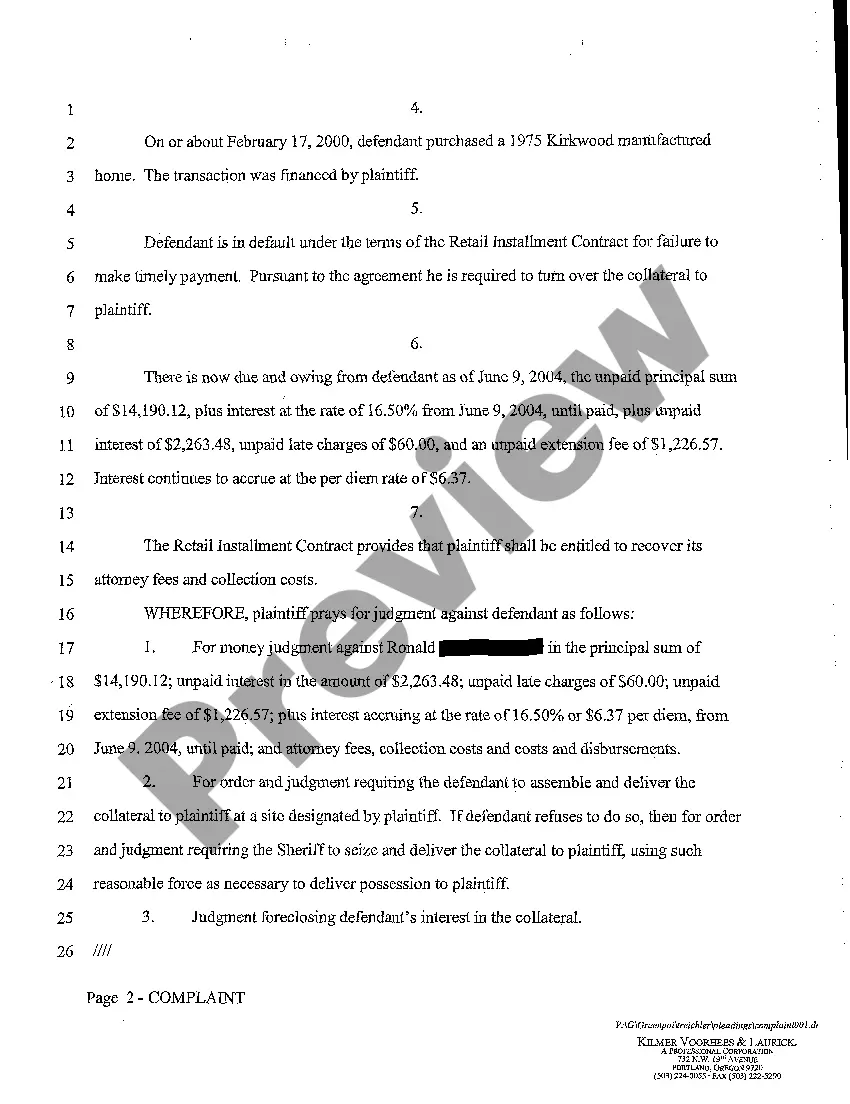 Preview A01 Complaint for Breach of Contract, Foreclosure, and Replevin