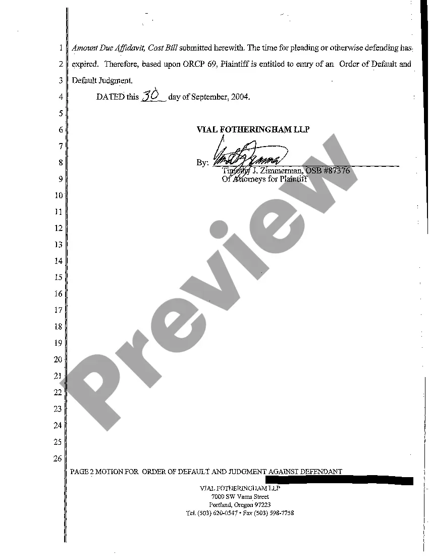 Preview A02 Motion for Order of Default and Judgment Against Defendant