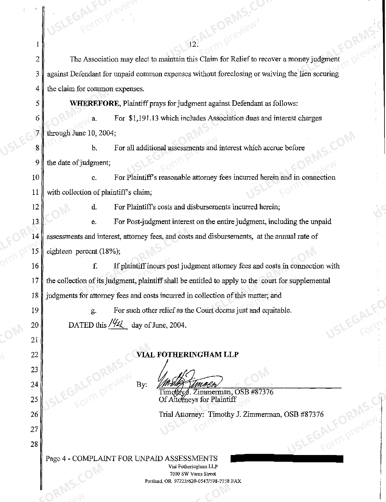 Oregon Complaint by Homeowner's Association Against Homeowner for