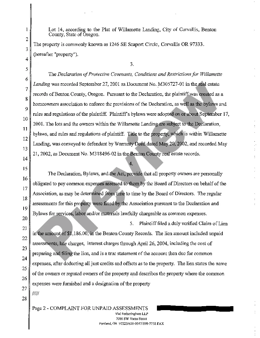 Preview A01 Complaint by Homeowner's Association Against Homeowner for Unpaid Assessments