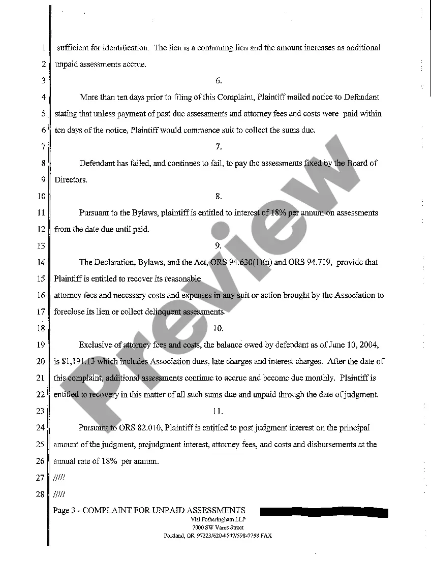 Preview A01 Complaint by Homeowner's Association Against Homeowner for Unpaid Assessments