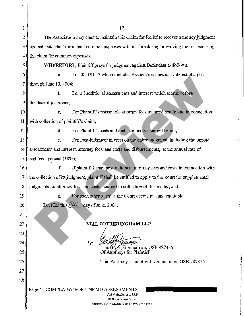 Preview A01 Complaint by Homeowner's Association Against Homeowner for Unpaid Assessments