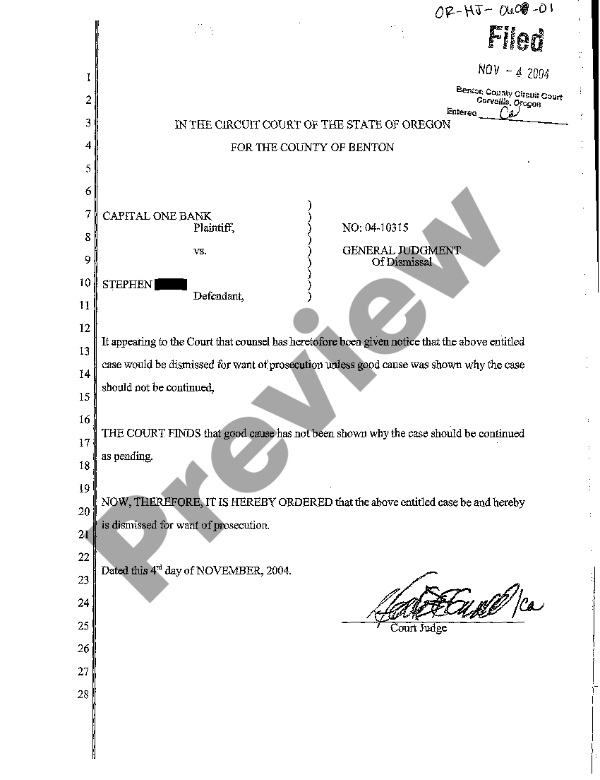 Oregon General Judgment of Dismissal for Want of Prosecution US Legal