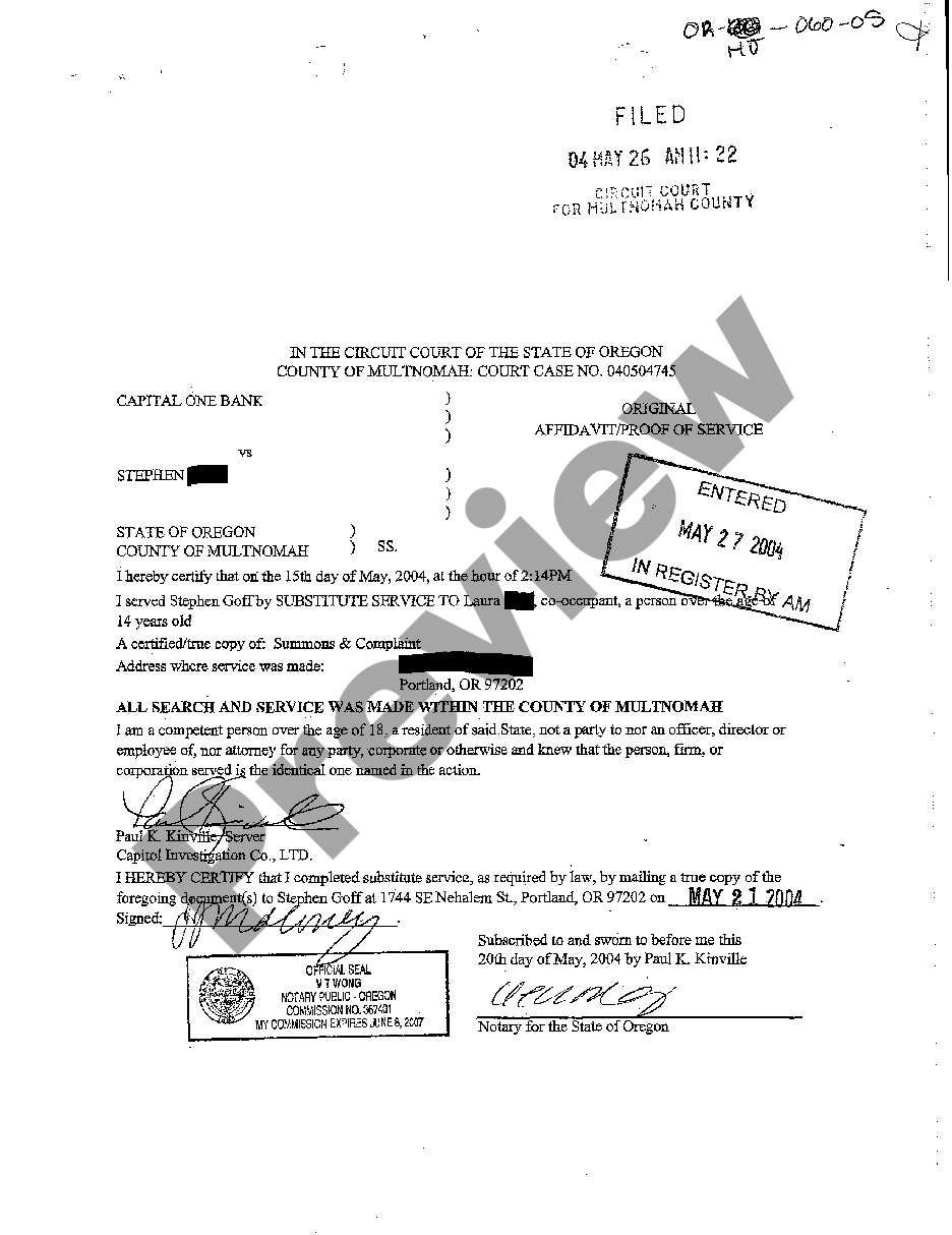 Oregon Original Affidavit Proof of Service | US Legal Forms